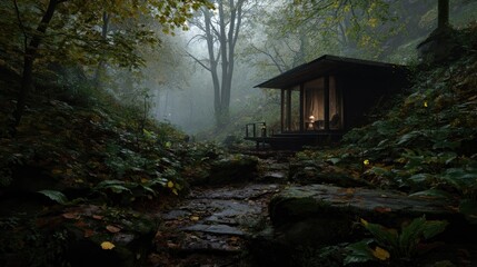Cozy Cabin Retreat Modern house nestled in foggy autumn forest Serene.