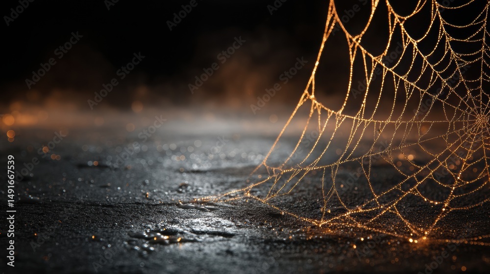 Wall mural a delicate spider web, shimmering with golden light on the wet asphalt at night. the background is b