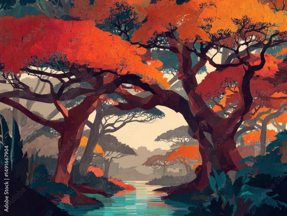 Poster autumnal forest scene with river reflection illustration of trees and foliage in warm colors artisti