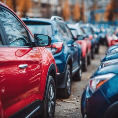 Cars parked in a row on a street, close-up perspective, showcasing red, blue, and other colored vehicles in an urban setting
