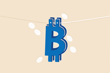 Bitcoin and cryptocurrency using for money laundering or payment in dark market, financial crime or criminal ransom pay concept, drying B alphabet with pegs as Bitcoin symbol after laundering.