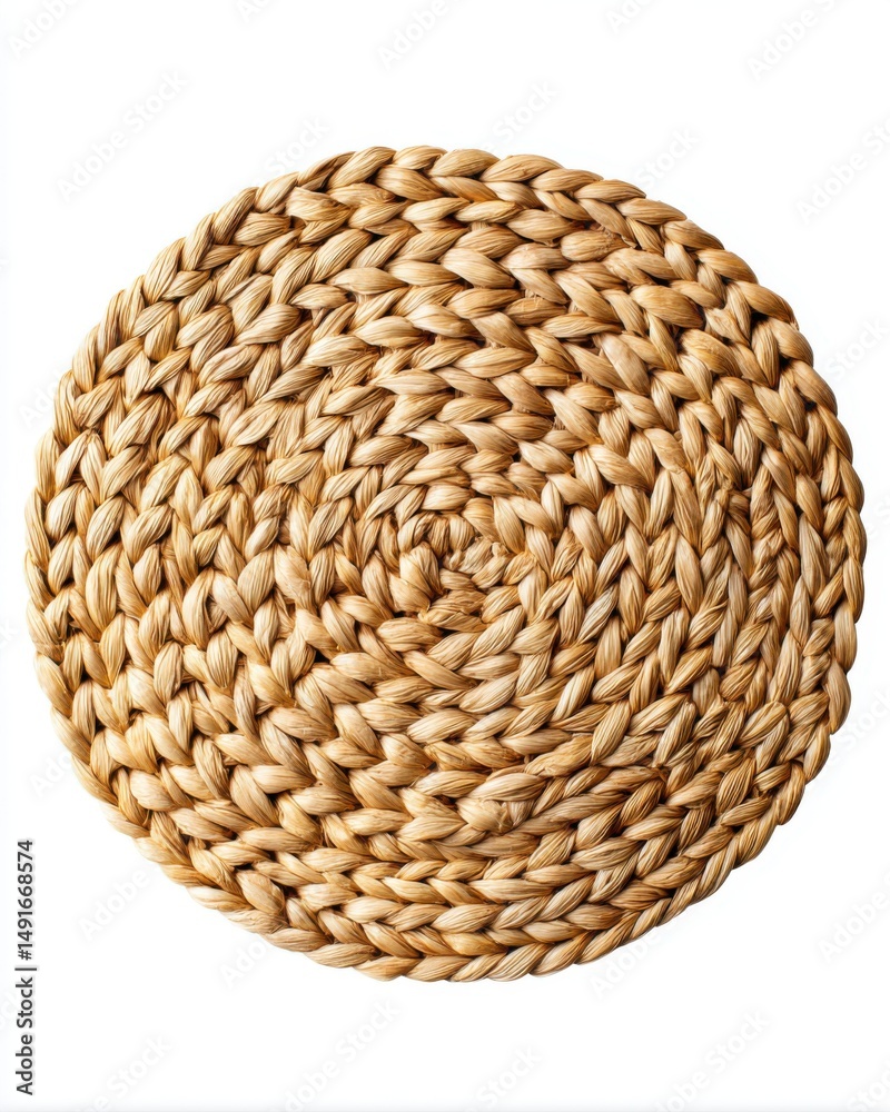 Poster Overhead studio shot of woven placemat made of natural fibers on white background showing texture and pattern for dining room decor
