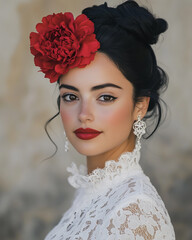 a beautiful woman with black hair in a bun and a red flower on her head, wearing a white lace dress and large earrings