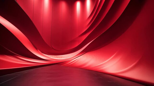 Dramatic red interior with flowing, curved walls and dramatic lighting