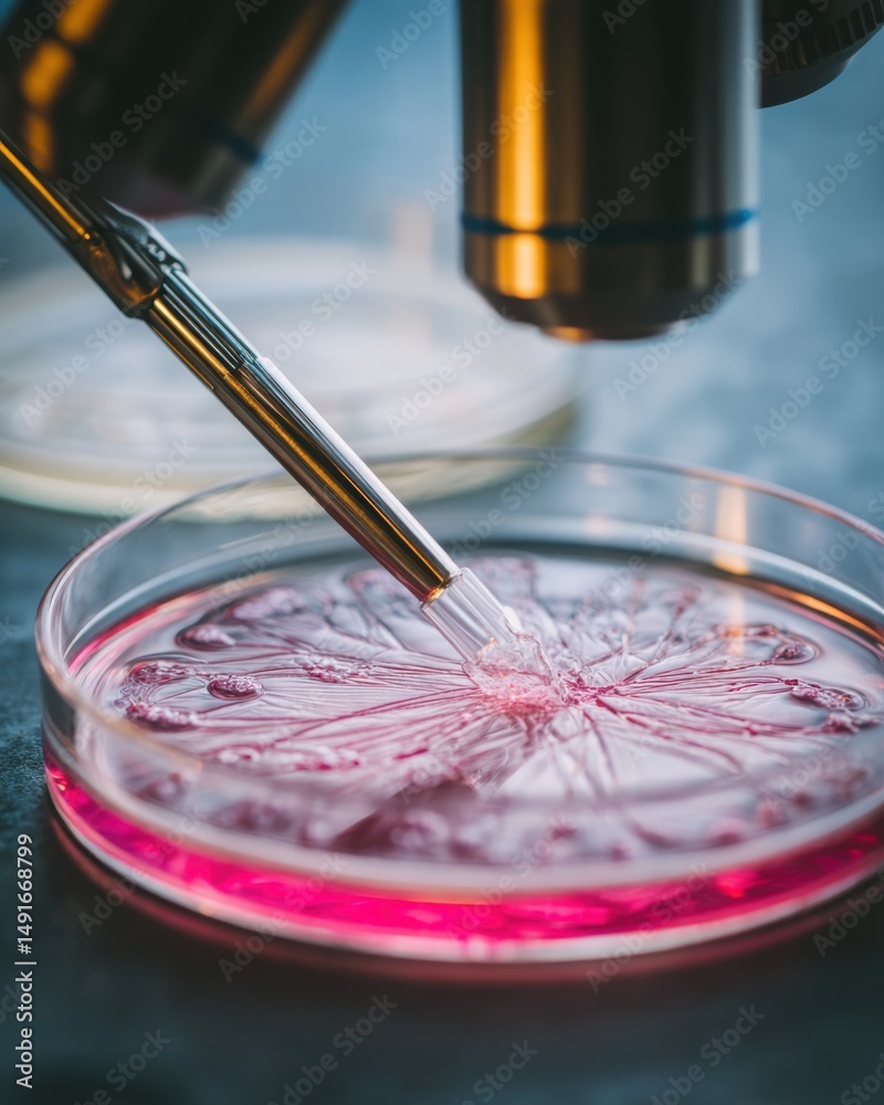 Aufkleber close up of microscope examining petri dish with pink liquid in laboratory research setting science 