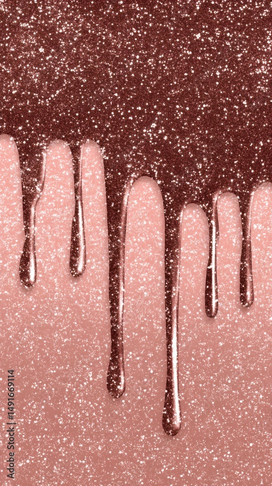 Poster rose gold glitter drips down a pink background sparkling with light abstract close up design
