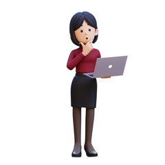 3D business woman holding a laptop and thinking