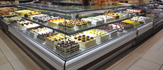 Fototapeta premium Eye-Level Display of Cakes in Glass Refrigerated Showcase at Bakery or Supermarket; Delicious Variety of Desserts for Sale; Close-up