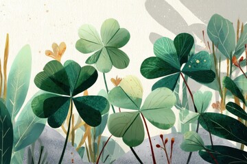 Illustrated Clover Patch in Sunlight Detailed Botanical Art for St Patricks Day Luck and Springtime
