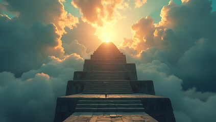 An infinite stone staircase rising from the earth into the heavens, fading into the clouds above. 