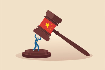 China government regulations to manipulate or control company with new rules concept, businessman business owner or investor try to survive from big gavel hammer with Chinese flag.