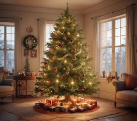 A beautifully decorated Christmas tree radiates warmth, surrounded by a dreamy, light-filled ambiance ,  winter decorations,  celebration,  cozy