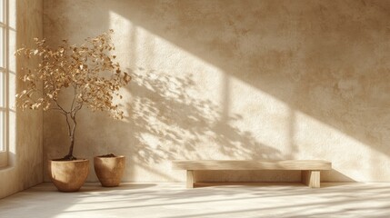 Empty beige room with natural light and wooden bench.