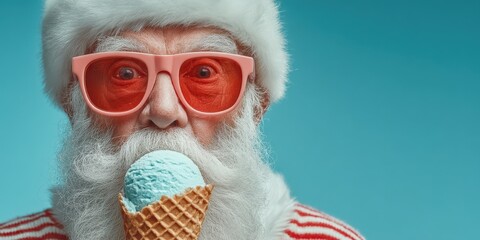 Santa's Cool Treat: A whimsical portrait of Santa Claus in sunglasses enjoying an ice cream cone, embodying a playful holiday spirit. Ai image