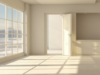 Obraz premium Bright minimal interior with open door and large window flooding room with sunlight, architectural detail, clean design, indoor scene