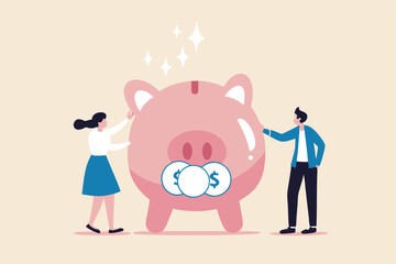 Child care expense planning, spending on having a baby or financial budget for kids concept, smart parent new father and mother with baby piggybank with teether metaphor of savings for kids.