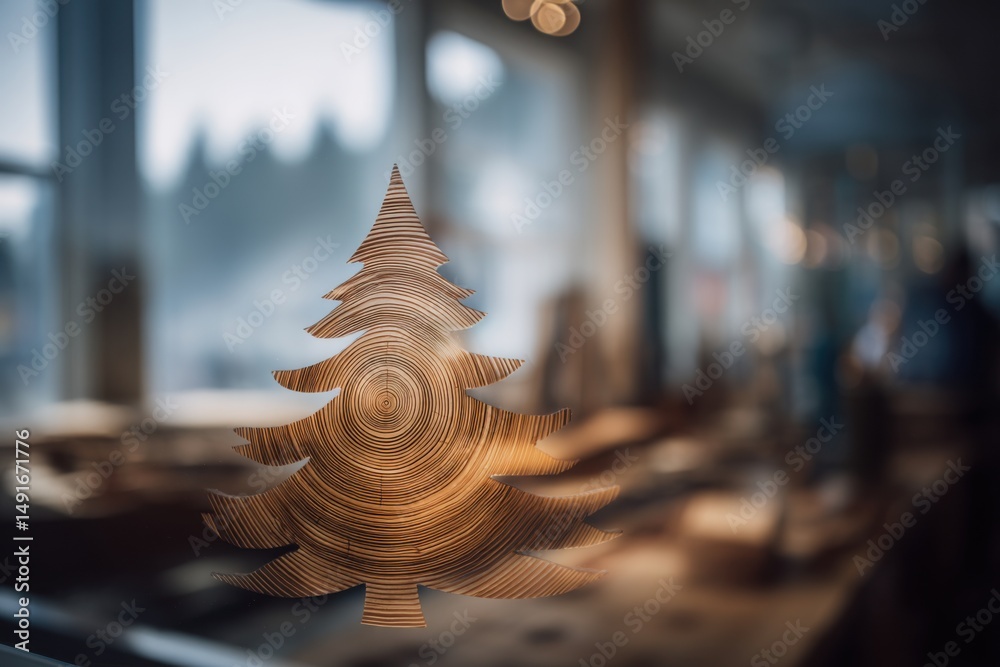 Aufkleber wooden christmas tree ornament displayed in workshop window with blurred background for holiday seas