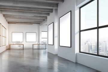 Minimalist office with blank whiteboard frames, modern desk, and polished concrete surfaces for clarity.
