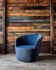 Naklejka premium Denim armchair against rustic wood wall in studio setting eye-level shot showcasing texture and design of the furniture piece