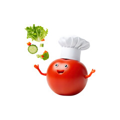 Tomato chef juggling food and utensils