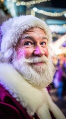 Smiling Santa Claus in a red jacket and white beard against a plain background, festive holiday portrait.