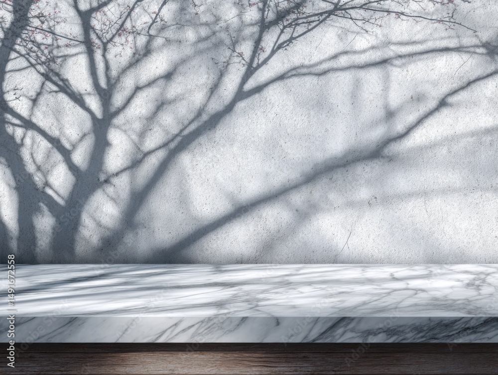 Poster Marble Tabletop Display with Tree Shadow on Concrete Wall Background in Minimalist Style for Product Mockup or Presentation