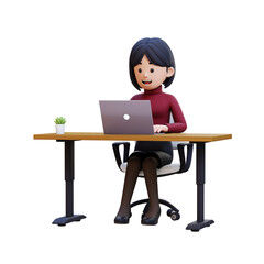 3D business woman is sitting at a desk with a laptop