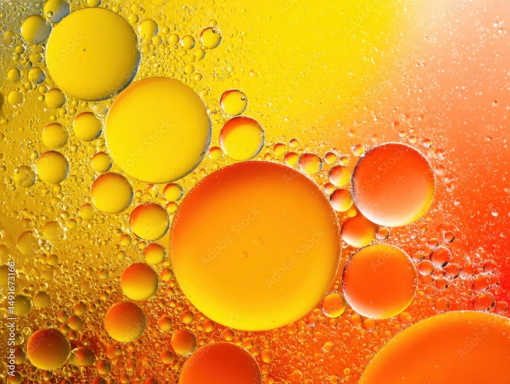 Poster abstract macro photograph of oil and water creating vibrant yellow orange and red bubbles in a dynam