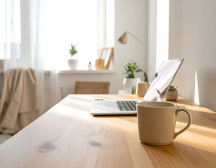 Fototapeta premium Cozy home office workspace with a laptop and coffee cup, featuring plants and natural light