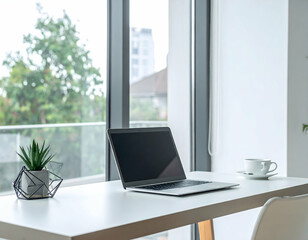 Modern workspace featuring a laptop on a desk with a plant and coffee cup, bright window view