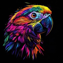 Fototapeta premium Parrot illustration in colorful vintage poster style, showcasing a vibrant tropical bird with detailed feathers and intense gaze, ideal for parrot artwork, exotic bird designs