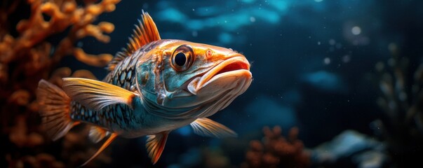 Fototapeta premium A striking indie-style barracuda, showcasing a leeyongjay-inspired artistic rendition, swims to the right in a vibrant underwater coral reef ecosystem.