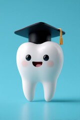 Happy Tooth Character Graduation Day Celebration Close Up Studio Shot on Blue Background Dental Education Concept
