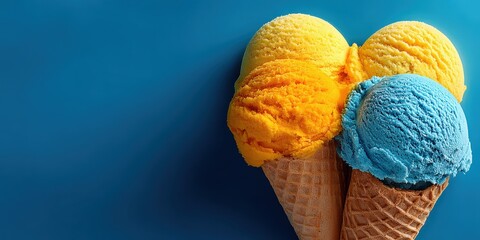 Triple scoop delight: Capturing the essence of summer with vibrant scoops of ice cream on a crisp waffle cone, evoking sensations of refreshment and delight.
