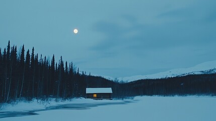 Secluded Cabin in Winter Wonderland Moonlit Night