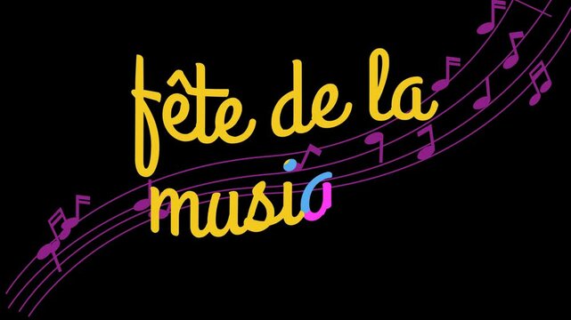 Music day text animation in french with music symbols background with alpha channel. Fete de la musique chroma key transparent