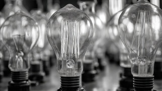 Close-up of vintage light bulbs in a row, black and white photography, antique glass, industrial design, energy concept, innovation