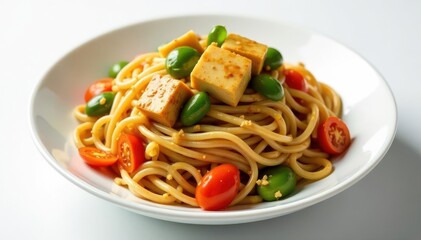 Stir-fried noodles with vegetables and tofu on white background, eat, vegetables