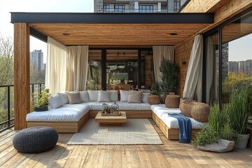 Small wooden terrace with white linen, blue plastic slats, balcony roof, modern outdoor furniture, curtains, plants, and cozy Scandinavian style interior design