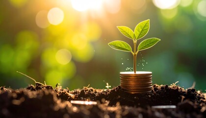 A small plant grows from a stack of coins, symbolizing the connection between nature and financial growth in a bright, vibrant setting