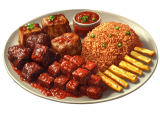 Delicious and colorful meal of beef cubes, seasoned rice, fried cassava, and red sauce served on plate.