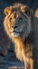 Fototapeta premium Majestic Lion Portrait in Golden Light Close Up Captivating Gaze Wildlife Photography Safari Animal Kingdom Africa