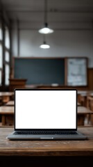 Fototapeta premium Laptop on Old Wooden School Desk with Blank Screen for Mockup in Classroom Setting Education Technology