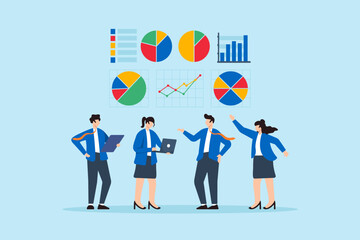 Flat illustration of team analyzing colorful pie charts and line graphs data analytics business strategy teamwork dashboard marketing research and performance tracking