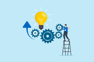 Flat illustration of businessman standing on ladder turning gear wheels connected to glowing lightbulb with upward arrows innovation productivity and solution engineering
