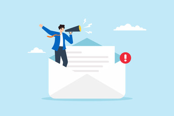 Flat illustration of businessman announcing message using megaphone standing inside open envelope with notification badge email marketing or important communication alert