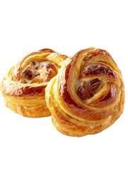 Two delicious golden brown raisin danishes are displayed against a bright white studio background indoors.