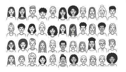 Diverse Faces: Line Art Crowd, Varied Hairstyles, Neutral Expressions, Vector Illustration.