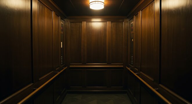 Interior inside a closed clean old Soviet elevator car lined with wood.