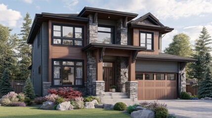 Fototapeta premium Modern Craftsman Stunning home exterior with stone accents, wood siding, and landscaped.
